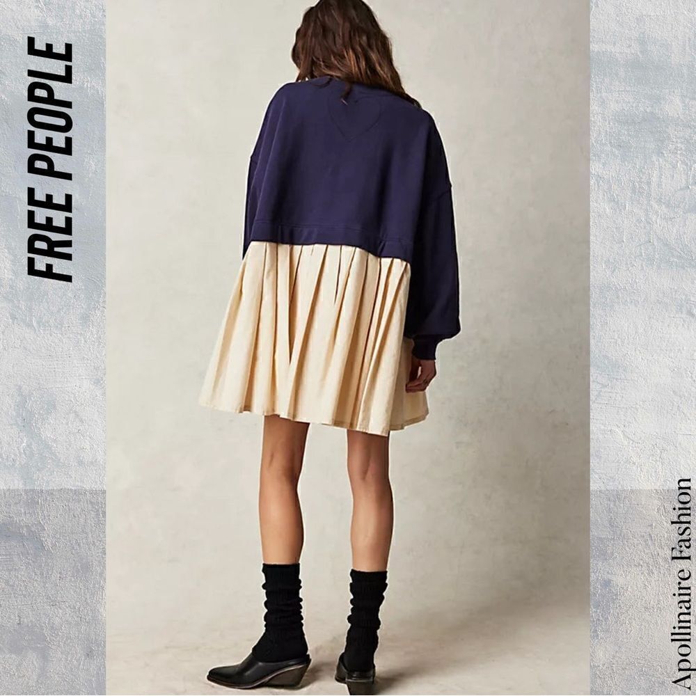 FREE PEOPLE ELEANOR TUNIC DRESS MEDIUM NAVY TAN COMBO NWOT - Picture 5 of 7